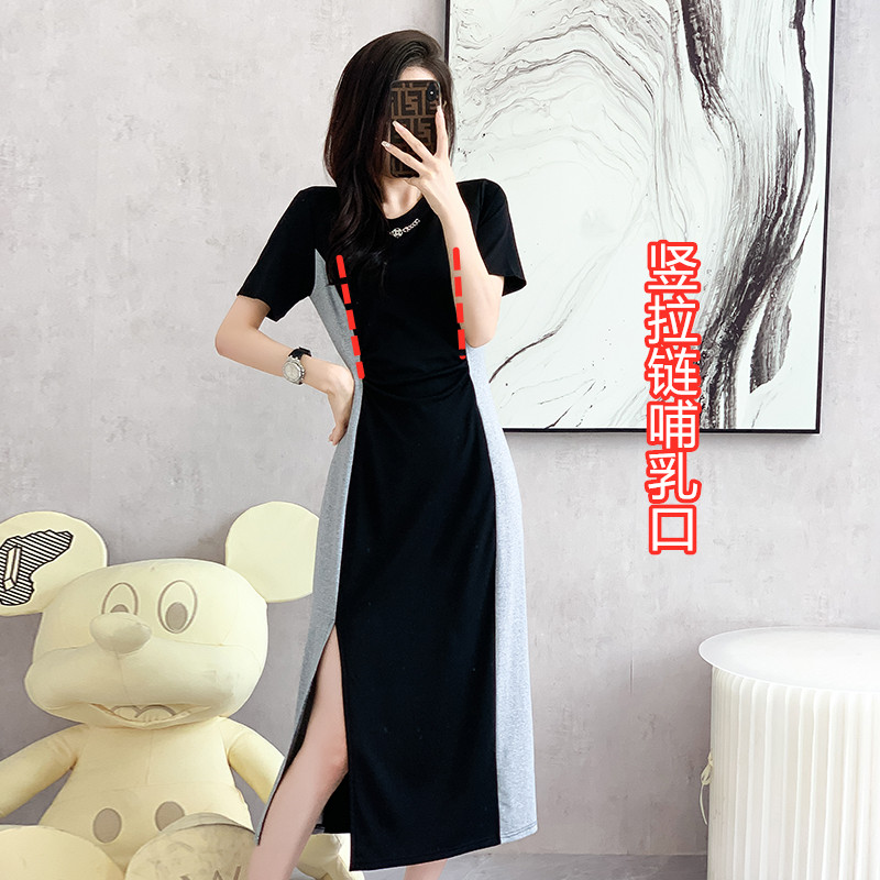 2023夏季哺乳衣外出辣妈款产后喂奶衣服小众撞色开叉哺乳连衣裙子