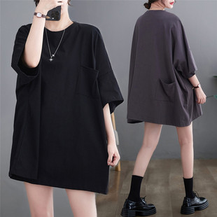 中长款宽松t恤裙女胖mm夏季韩版大码设计感大口袋显瘦遮肚连衣裙
