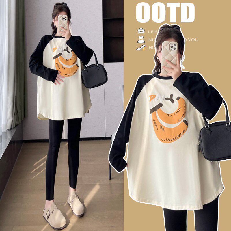 孕妇装2024春装新款韩版长袖t恤纯棉拼色上衣休闲宽松大码打底衫