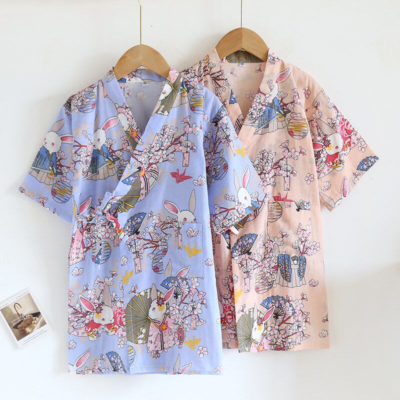 夏季纯棉双层纱布浴衣儿童睡袍日式和服开衫系带小孩卡通大童透气