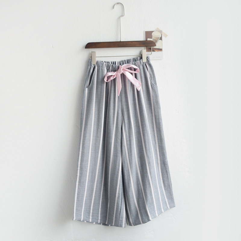 条纹纯棉纱布水洗薄款春夏季睡裤家居裤薄款女士九分阔腿裤可外穿