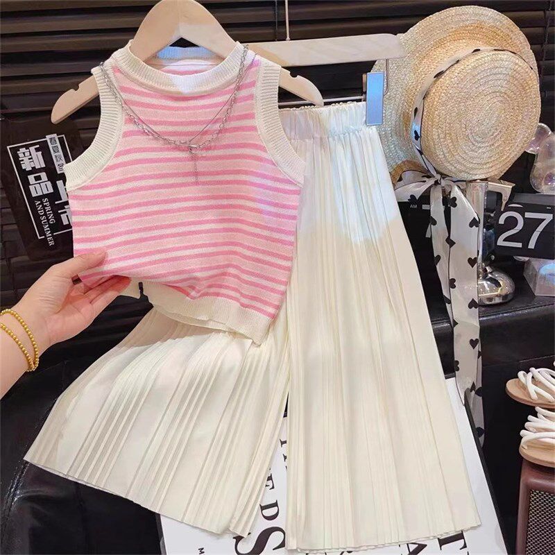 女童夏季套装2024新款洋气条纹针织背心儿童百搭上衣冰冰裤两件套