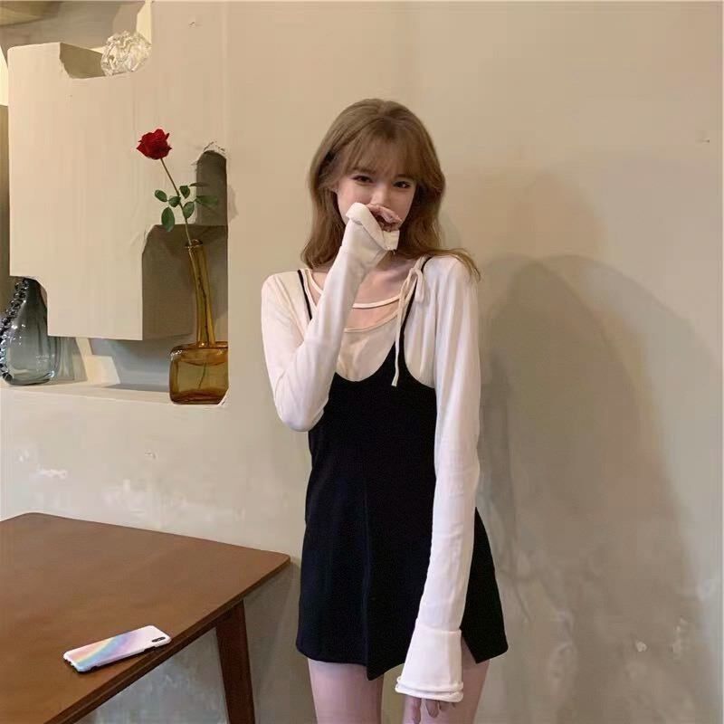 小个子套装女春秋洋气高腰吊带连衣裙气质显瘦长袖t恤时尚两件套