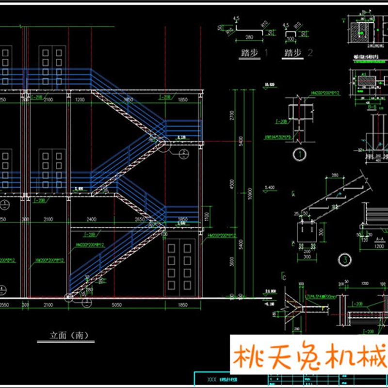 两层和三层两种室外钢爬梯施工CAD图纸 钢结构楼梯室外钢梯消防梯