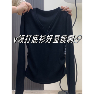 黑色不规则V领打k底衫女秋冬内搭胖MM大码长袖T恤收腰遮肚显瘦上