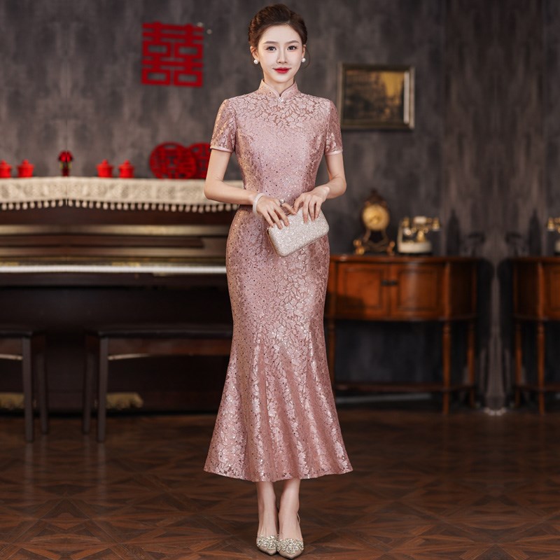 蕾丝新中式改良时尚旗袍 婚宴妈妈平时可穿走秀修身优雅鱼尾礼服