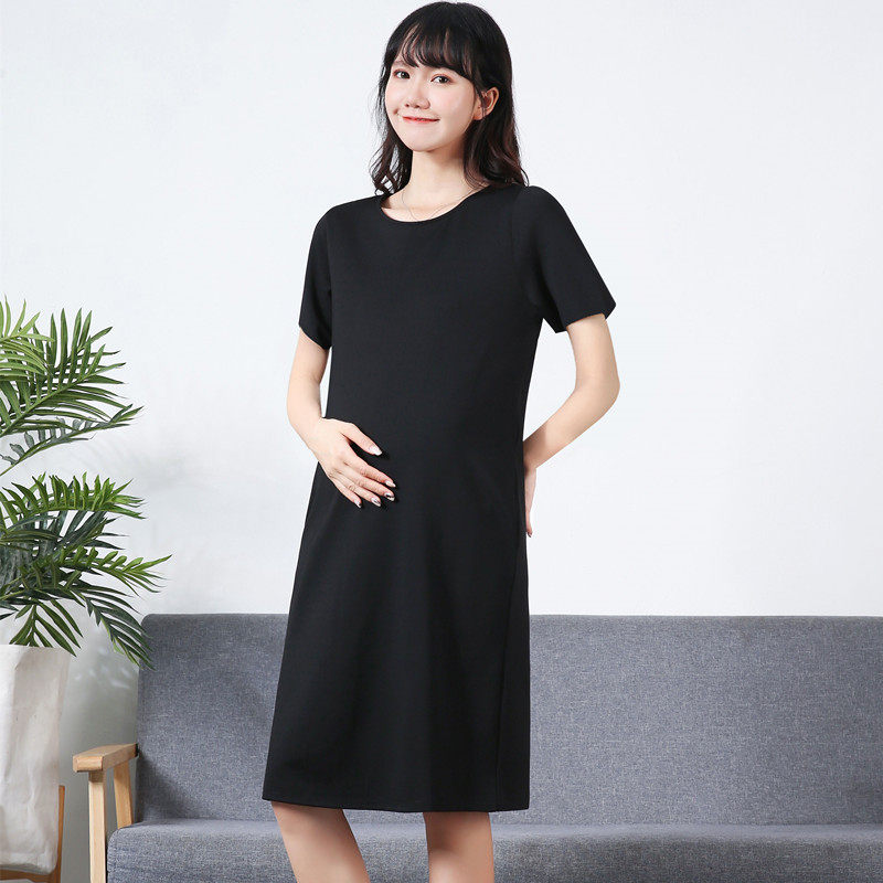 孕妇黑色工作服2021韩版新款潮妈夏季纯棉时尚短袖正装职业连衣裙