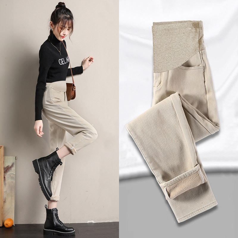 孕妇牛仔裤秋冬外穿冬季加绒加厚宽松大码老爹打底裤长裤子女冬装