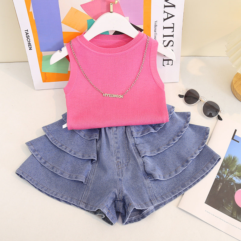 女童夏季套装2023潮儿童设计感蓬蓬花边牛仔短裤裙吊带背心两件套