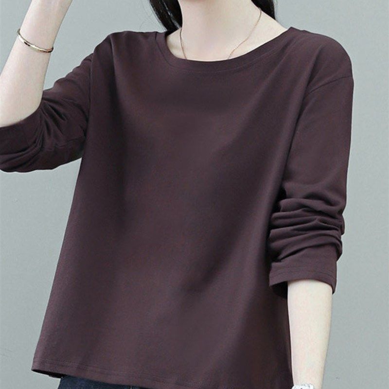 纯棉长袖t恤女士2024春秋季纯色韩版小个子宽松短款上衣打底衫潮
