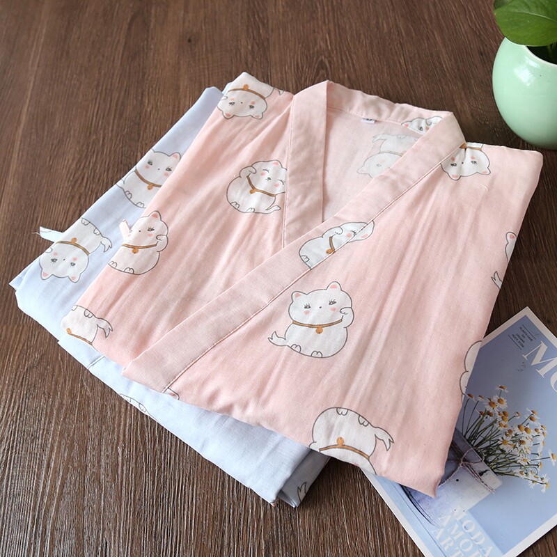 睡衣女夏纯棉纱布薄款睡袍可爱卡通宽松全棉棉纱浴袍家居服五分袖