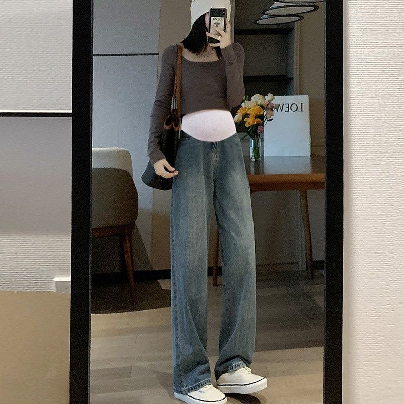 孕妇裤子春秋款外穿打底阔腿长裤女春季大码孕早期直筒牛仔裤春装