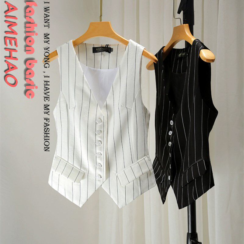 短款女士马甲显瘦好搭配免烫西装面料条纹背心V领单排扣大码