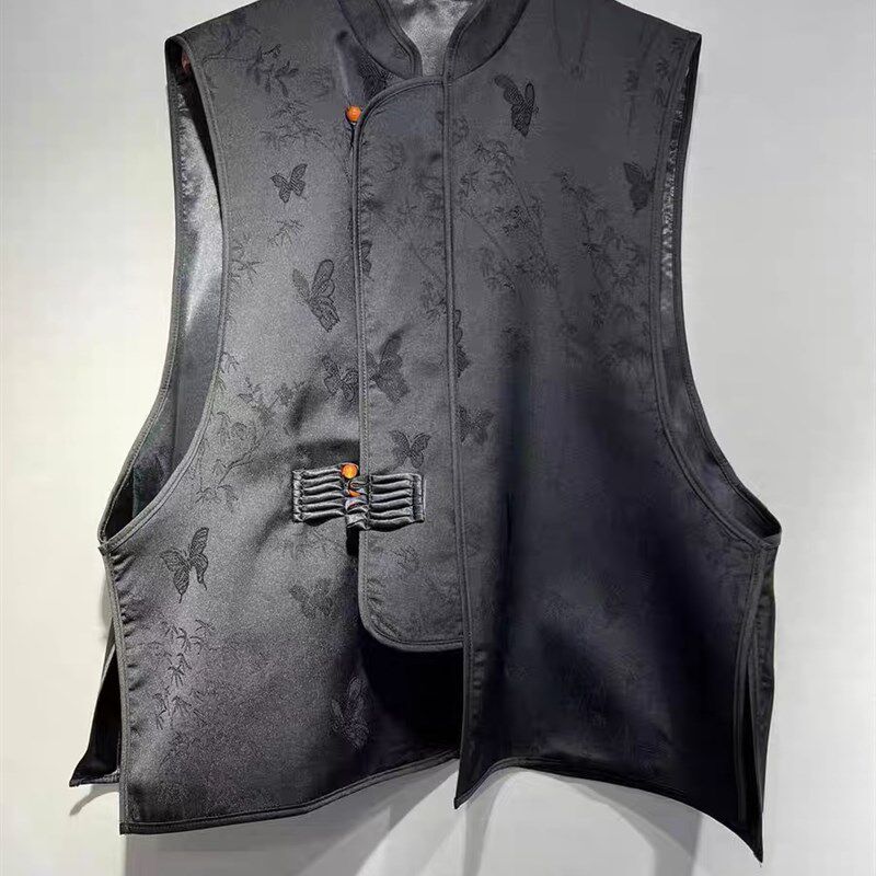 新中式国风提花黑色立领马夹2023夏季新款中国风盘扣坎肩马甲女士