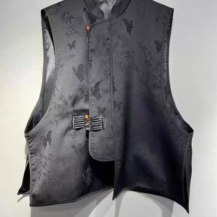 新中式国风提花黑色立领马夹2023夏季新款中国风盘扣坎肩马甲女士