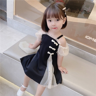 女童连衣裙2023夏装新款小女孩赫本风网纱拼接雪纺吊带裙子儿童装