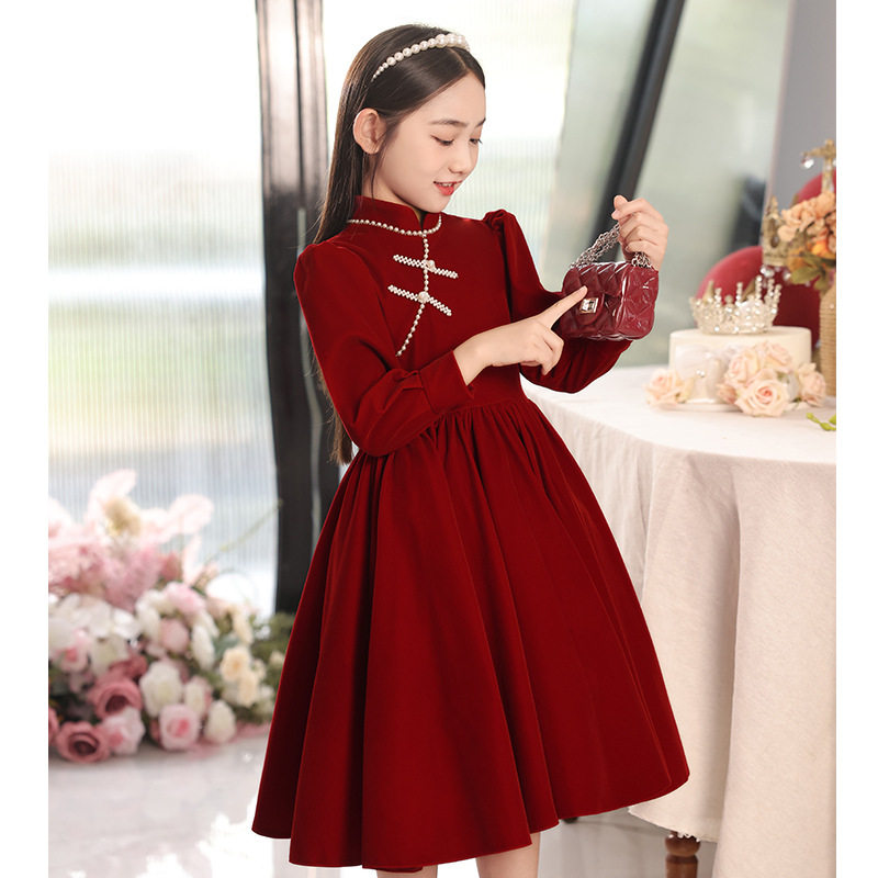 大码胖女孩礼服红色女大童中国风生日公主裙洋气主持人钢琴演出服