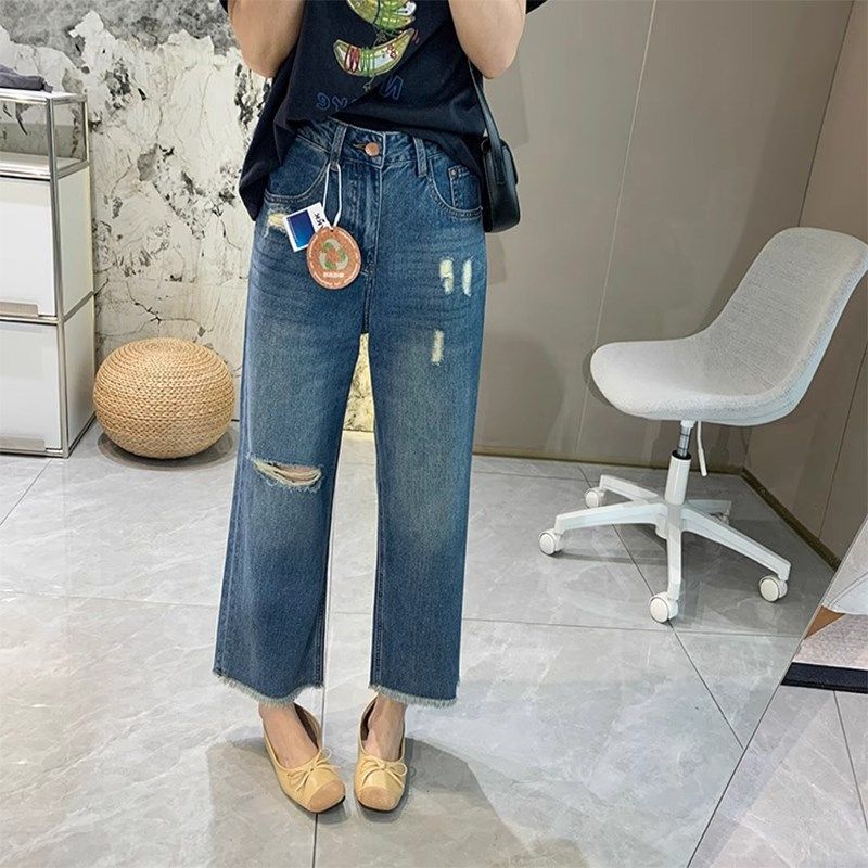 蓝色破洞毛边阔腿裤女夏季薄款梨型身材高腰显瘦九分直筒牛仔裤