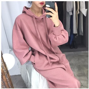 秋冬装孕妇连帽加绒卫衣裙开叉过膝韩版宽松大码慵懒风连衣裙粉色