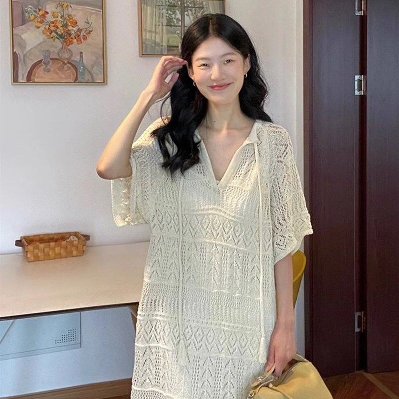 胖mm300斤大码镂空系带针织连衣裙女夏季显瘦遮肚慵懒风过膝长裙