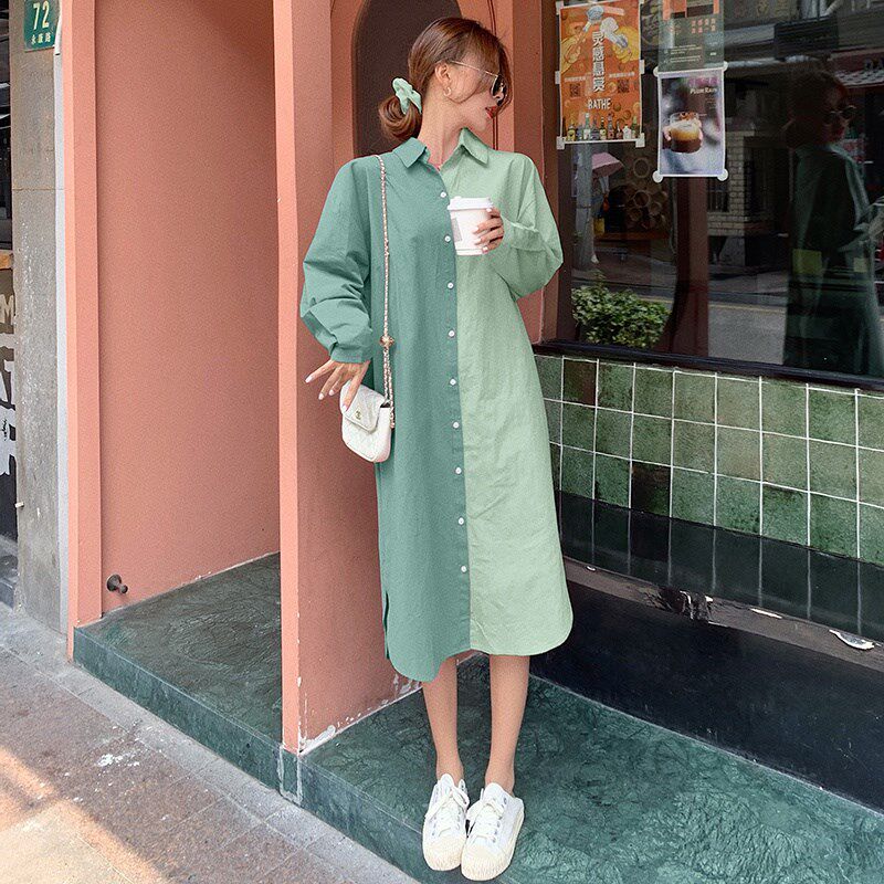 孕妇装春装长袖连衣裙胖mm中长款显瘦宽松衬衫裙韩版大码长裙上衣