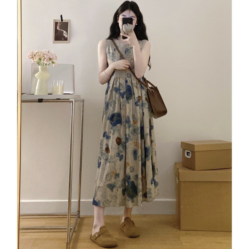 外出哺乳装夏季复古法式水墨画印花背心连衣裙女显瘦喂奶衣辣妈款