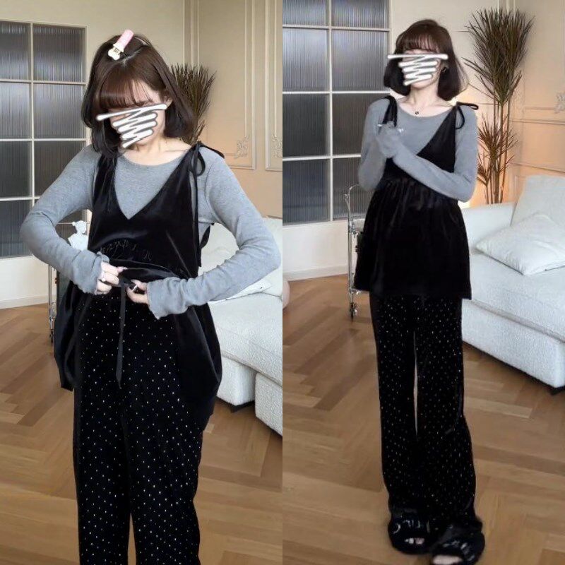 孕妇装2024秋装新款套装纯色圆领上衣丝绒吊带宽松阔腿裤三件套女