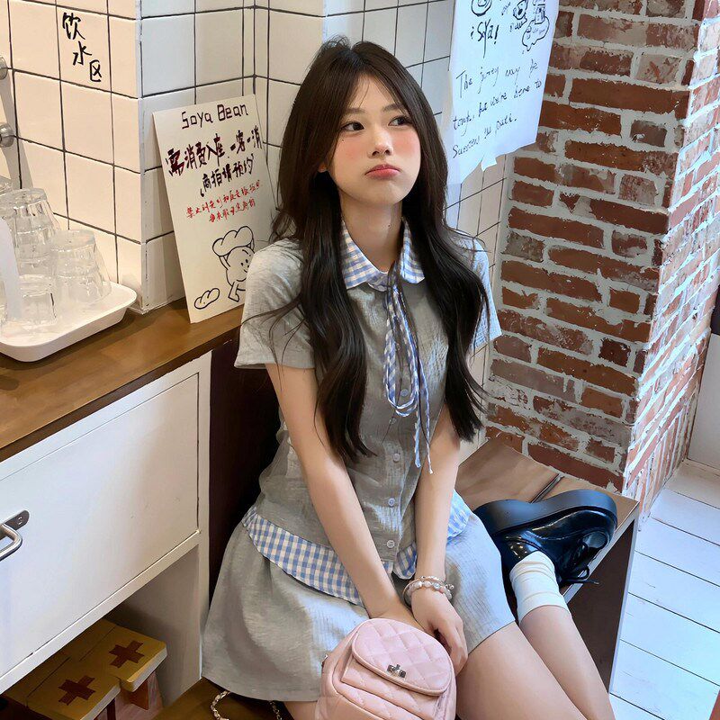 2025新款韩系学院风假两件灰色连衣裙子女夏季巨好看短裙两件套装