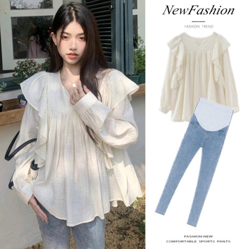 孕妇春装套装2024新款时尚娃娃衫上衣春秋款洋气春季遮肚子两件套