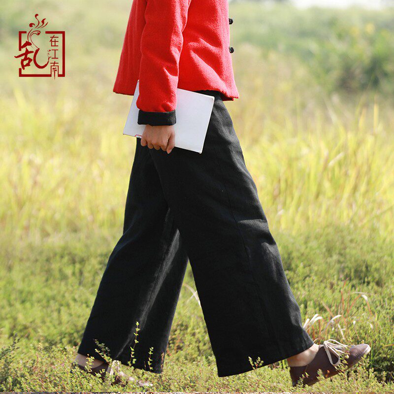 棉麻休闲裤女复古阔腿裤秋冬高腰直筒垂感加绒加厚民族风亚麻裤子