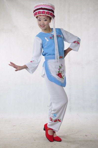 云南特色成人女式少数民族白族服装/葫芦丝演奏舞蹈演出表演/兰色