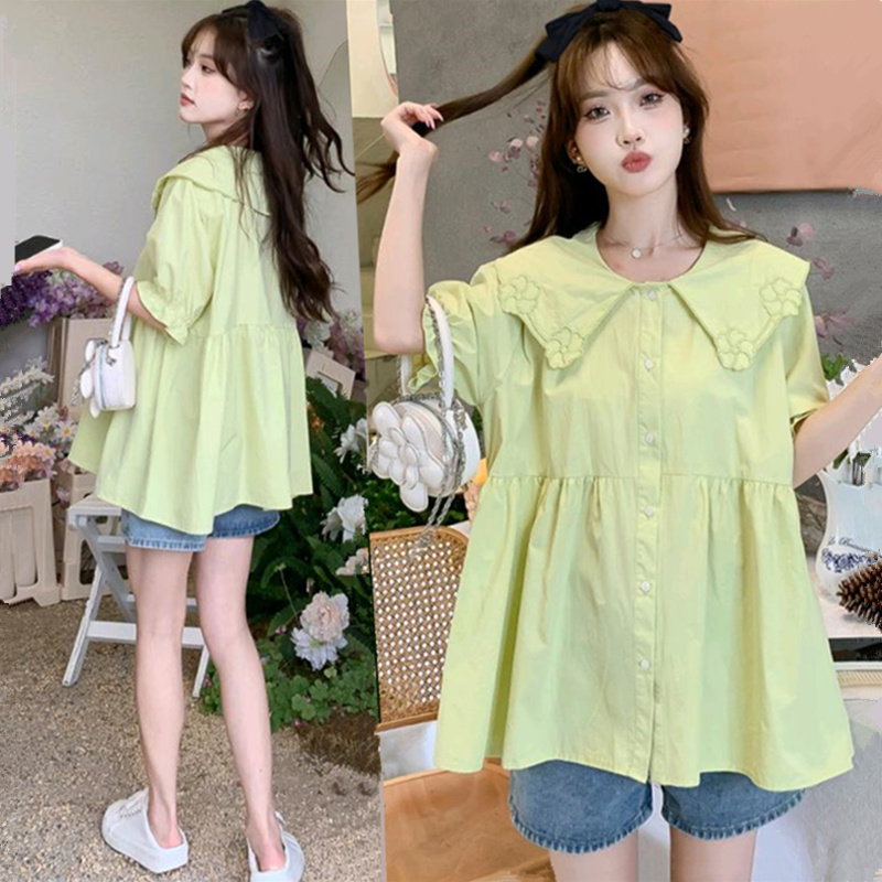 孕妇上衣夏装宽松娃娃衫衬衫时尚洋气孕妇装O套装夏季遮肚子两件