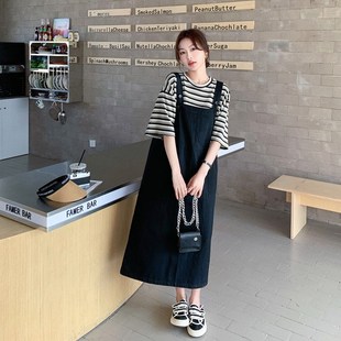 黑色牛仔背带裙套装 韩系减O龄休闲条纹T恤两件套 女夏季 2025年新款