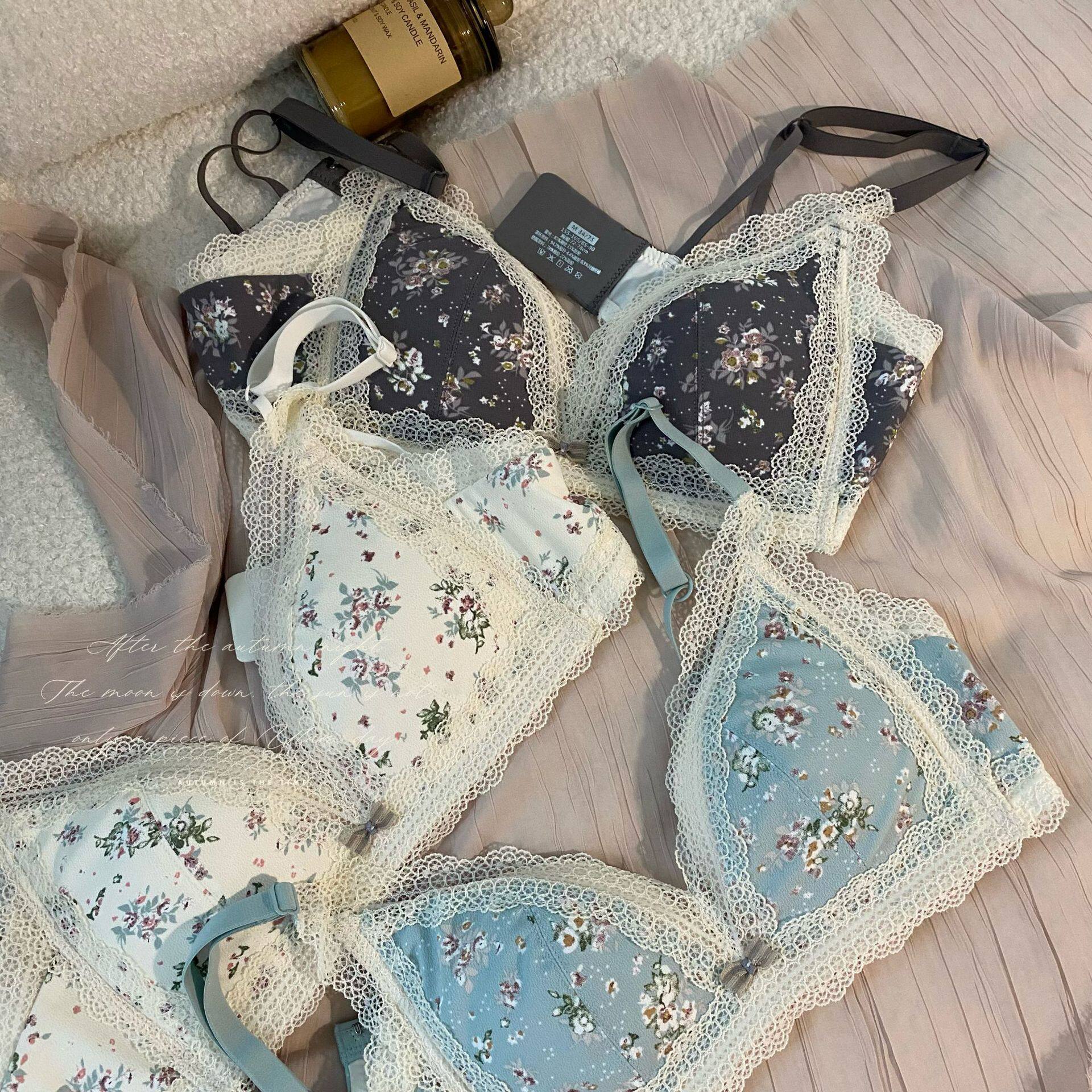 法式碎花小c胸聚拢收副乳显大无钢圈性中厚感纯欲调整型防下垂文