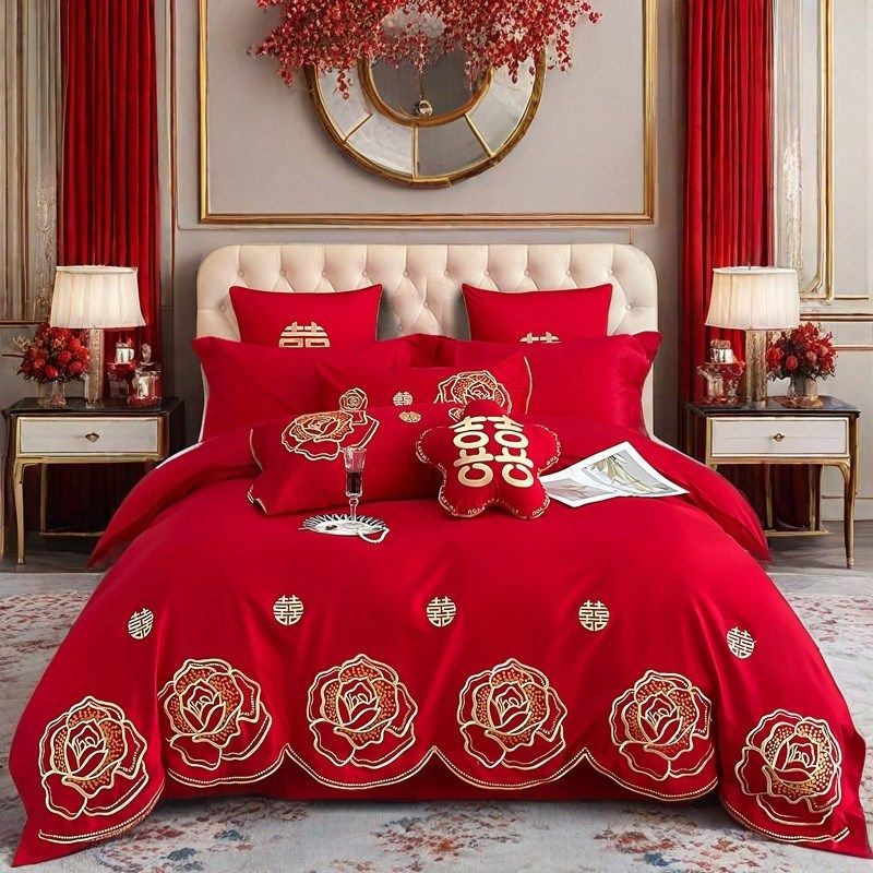大红色结婚四件套全棉刺绣婚庆床上用品床单V被套龙凤呈祥,床上用品,婚庆床品套件,淘宝优惠券,粉丝福利购,淘宝优惠卷