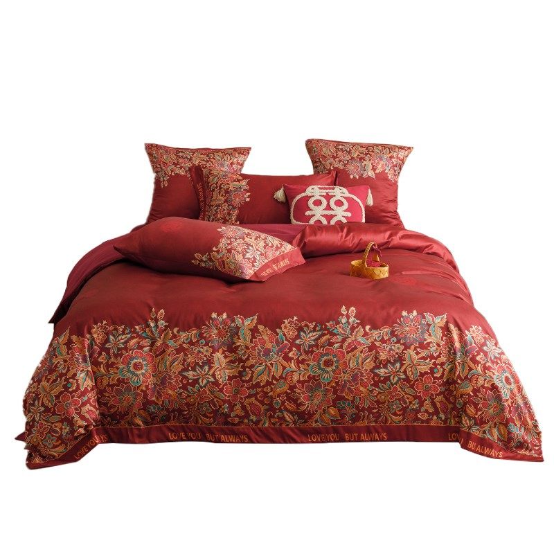 新中式印花结婚四件套2025新款D红色床单被套婚庆床上用品婚嫁,床上用品,婚庆床品套件,淘宝优惠券,粉丝福利购,淘宝优惠卷