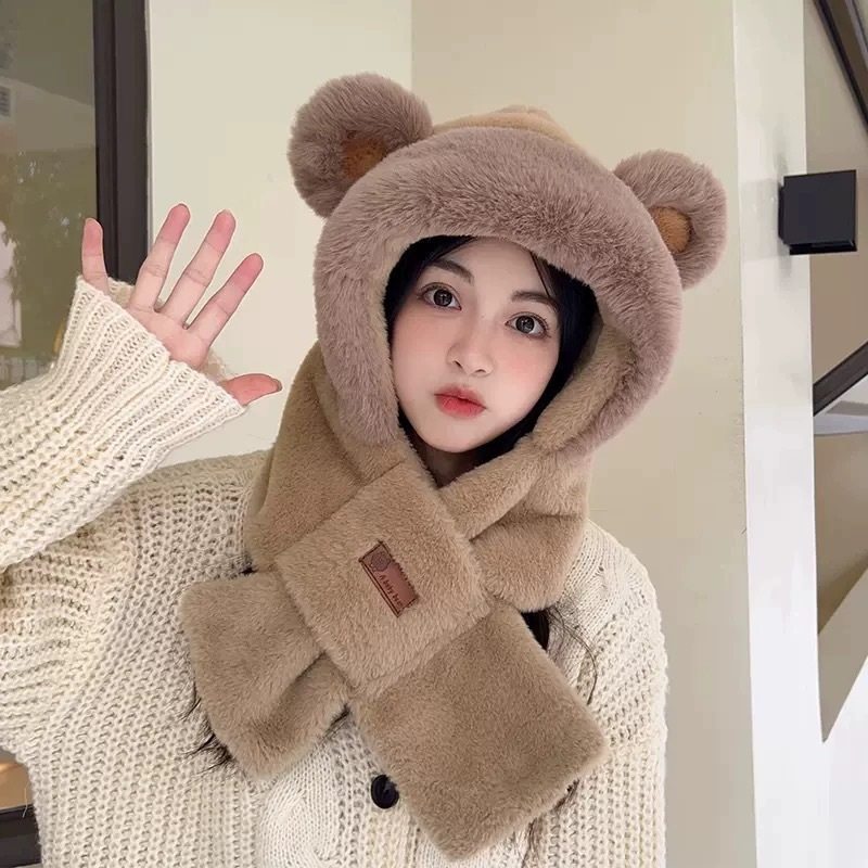 SY秋冬季帽子女可爱毛绒帽毛绒绒围巾加厚一体围脖骑车保暖护耳帽 - 淘宝联盟商品