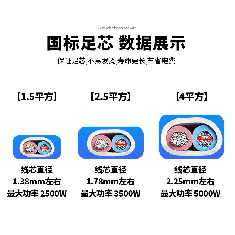 国标二芯护套线rvvb电线软线1.5 2.5 4平方电源线带插头延长线缆