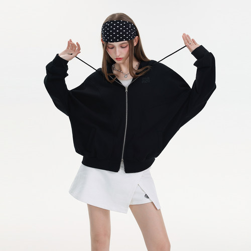 Mardi韩系纯色宽松拉链刺绣开衫