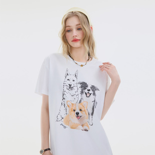 Mardi韩版ins灰色柯基印花T恤女25夏季新款宽松显瘦休闲百搭短袖