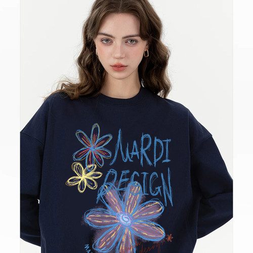 Mardi涂鸦印花花朵插肩袖卫衣