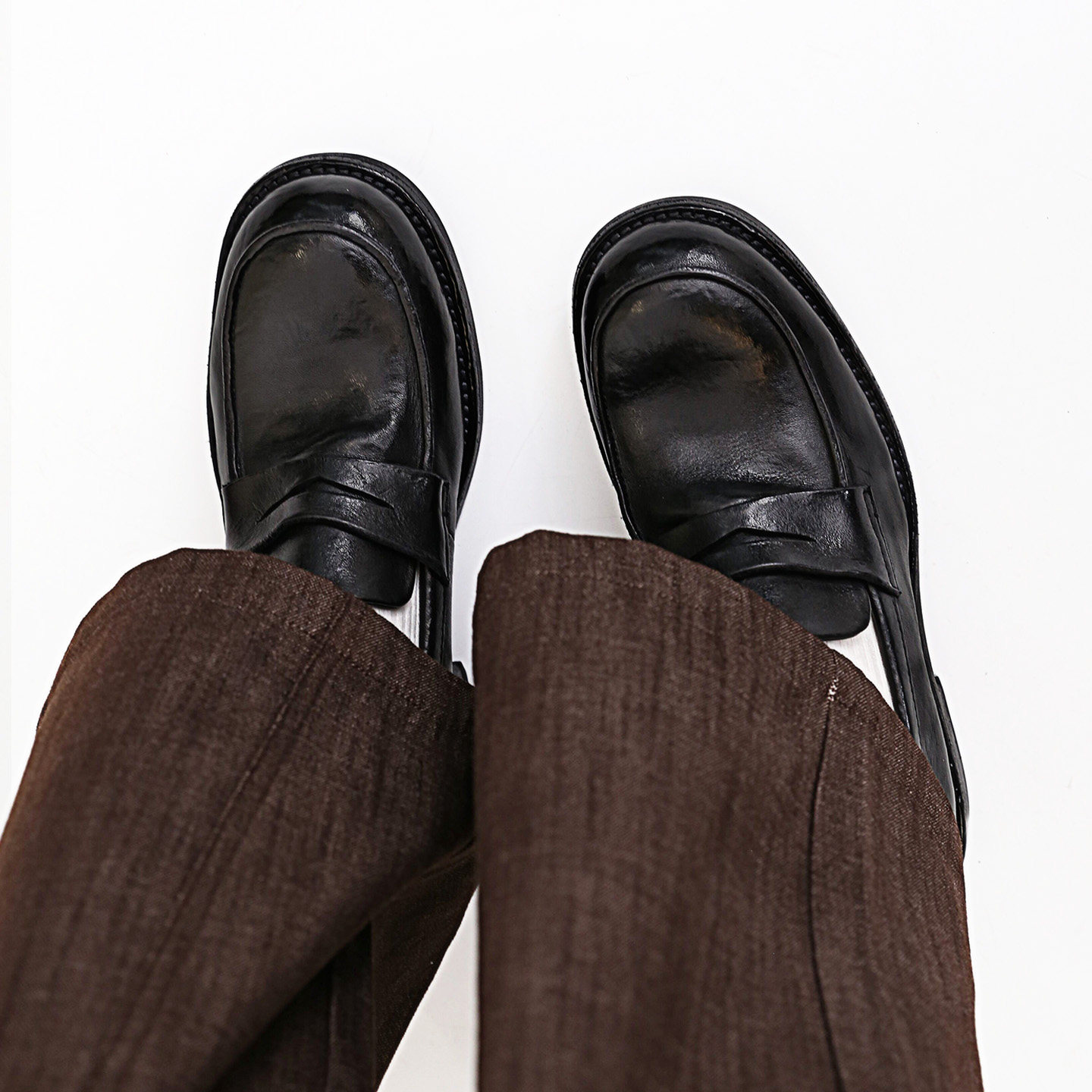 MATELAVES 水洗牛皮乐福鞋男老钱风真皮一脚蹬圆头厚底增高德比鞋