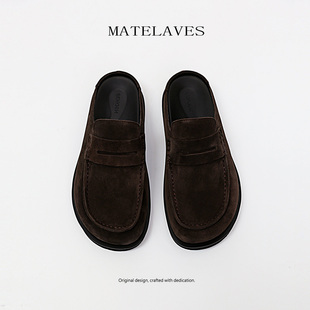 MATELAVES 麂皮老钱风勃肯鞋男半拖复古反绒一脚蹬懒人休闲乐福鞋