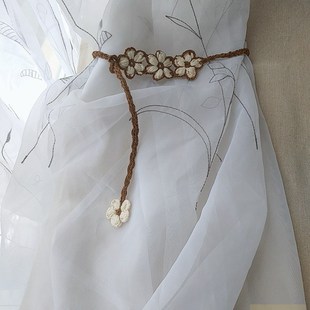 素梅新款 饰腰绳 扣手工复古文艺女士花朵搭配棉麻连衣Y裙装