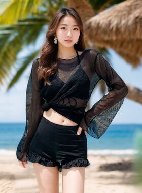 分体泳衣女夏季新潮时尚三件套遮肉显瘦保守长袖防U晒海边度假泳