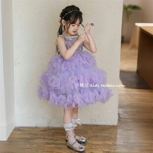 女童挂脖亮片网纱蓬蓬公主裙2w025夏新款 女孩生日蛋糕裙连衣裙礼