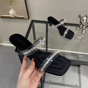 绝美水钻凉拖鞋 仙女风配裙子方头细跟气质一字 女夏外穿20u25新款