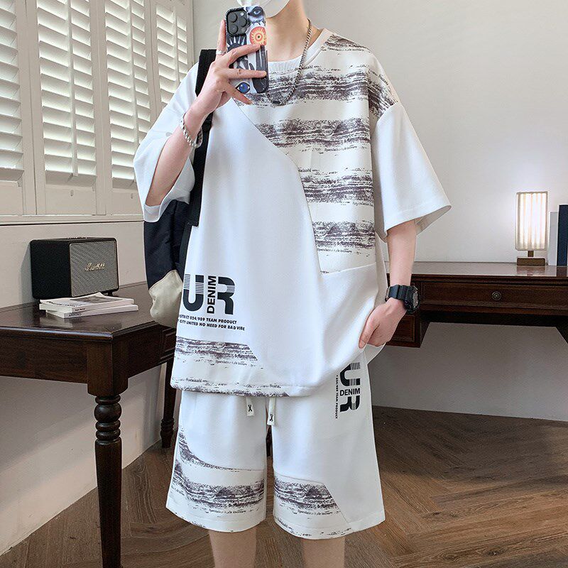 冰丝短袖t恤男孩夏季q新款青少年初高中学生帅气套装大童运动衣服