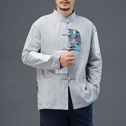 民族风新款国风男装春秋季衬衫补块对H襟衣风衣棉麻薄款盘扣开衫
