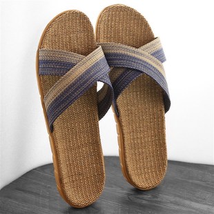 男 女生家居家用软厚底防滑棉麻Z凉拖鞋 个性 休闲复古亚麻藤草拖鞋